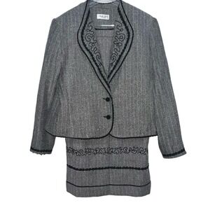 Vintage Henry Lee Black &  White Herringbone Skirt Suit Soutache Trim SZ 8